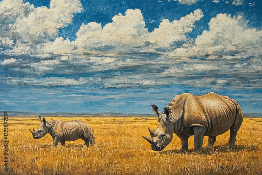 Fototapeta premium Two rhinos grazing in a grassy savanna under a blue sky