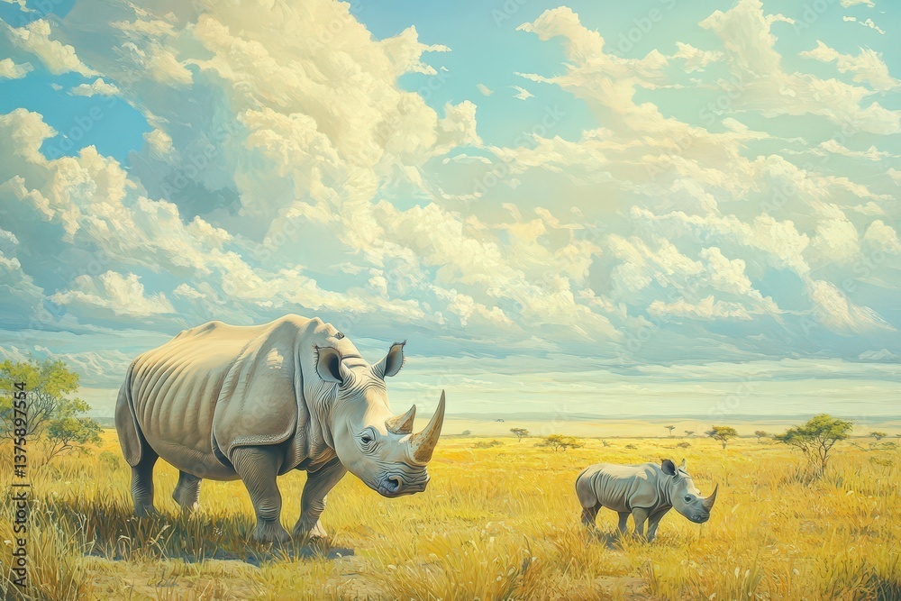 Obraz premium An artistic depiction of two rhinos in a beautiful grassland setting