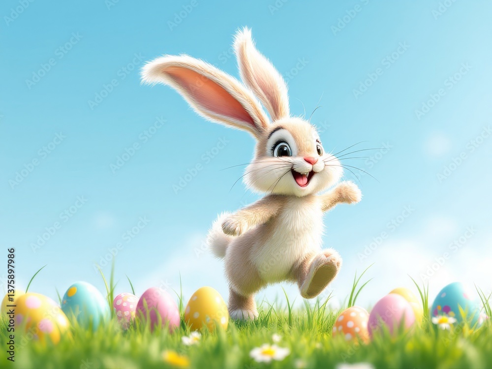 Fototapeta premium Adorable Easter Bunny with Colorful Eggs in a Spring Meadow