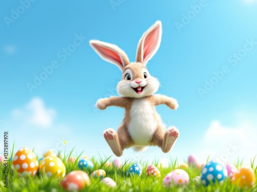 Adorable Easter Bunny Leaping Amongst Colorful Eggs