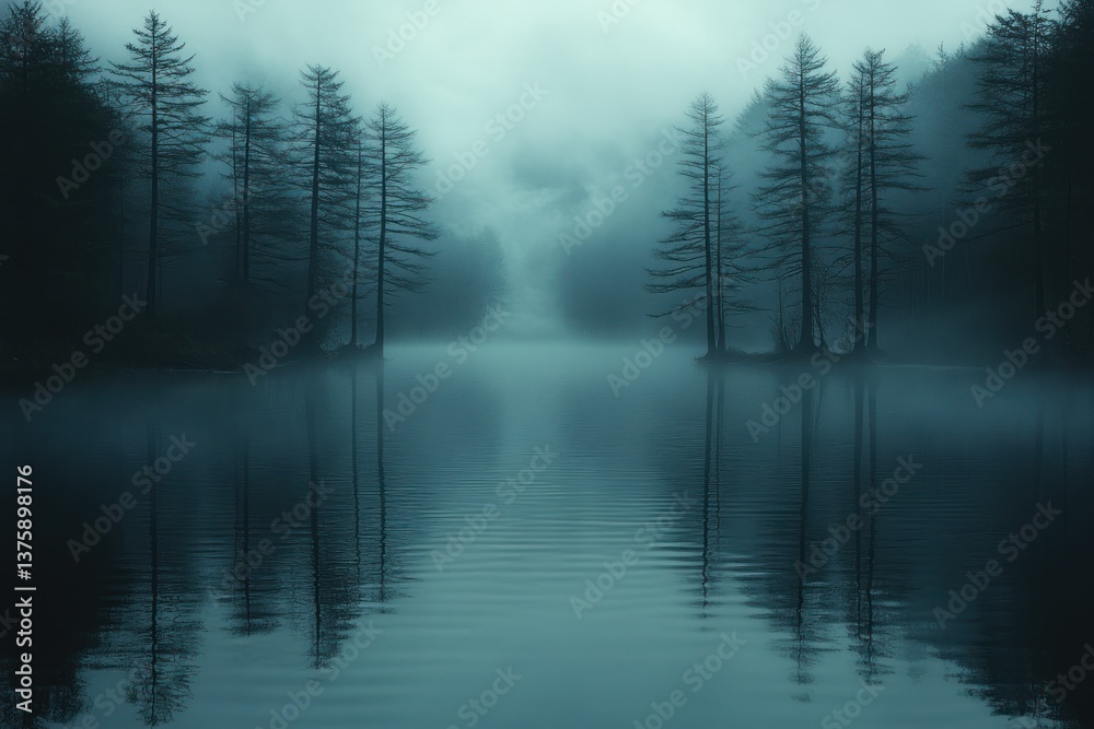 Misty lake scene with trees, tranquil reflection, serene atmosphere Misty lake scene with trees, tranquil reflection, serene atmosphere
