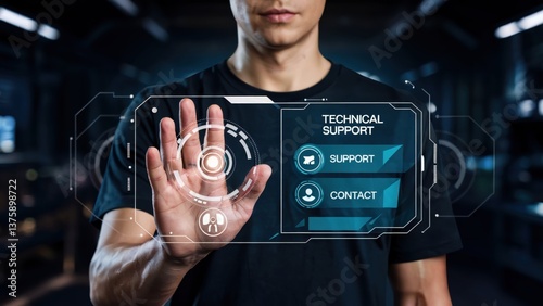 A person is interacting with a virtual interface featuring icons related to technical support, such as tools, help desk, and customer assistance services. The focus is on a tech-savvy professional off