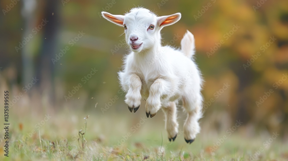 A playful white goat is jumping in a grassy meadow A playful white goat is jumping in a grassy meadow