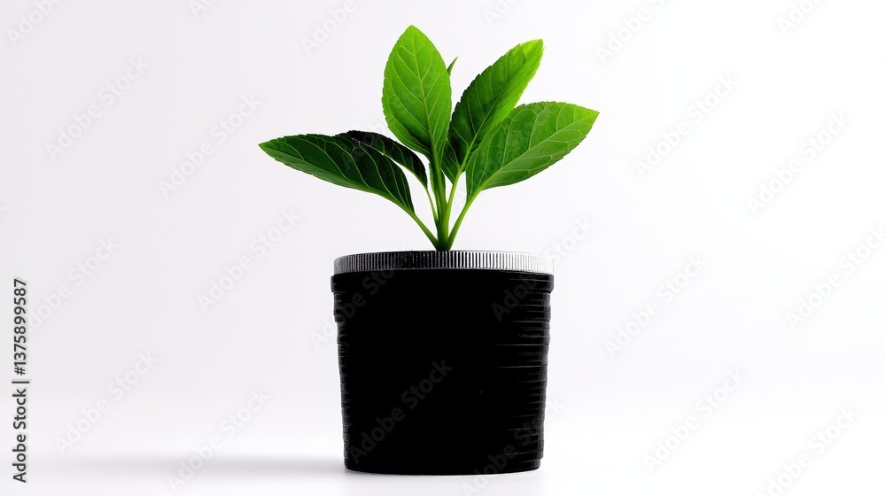 Fototapeta premium A Vibrant Green Seedling Growing from a Small Black Pot Symbolizing Nature Growth and Prosperity