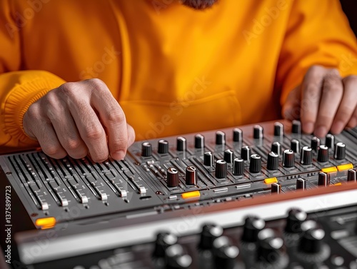 Close-up of professional o engineer's hands adjusting knobs and faders on a mixing console