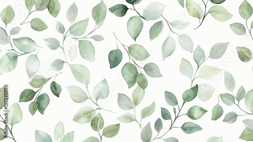 Elegant Watercolor Greenery Seamless Pattern Delicate Green Leaves Botanical Illustration Soft Pastel Shades Nature Background Design Element Wedding Invitation Template Artistic Floral Print Pretty