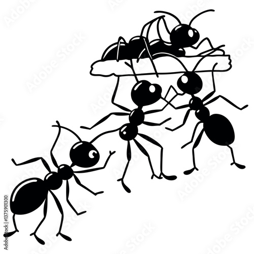 A team of ants working together to carry food.