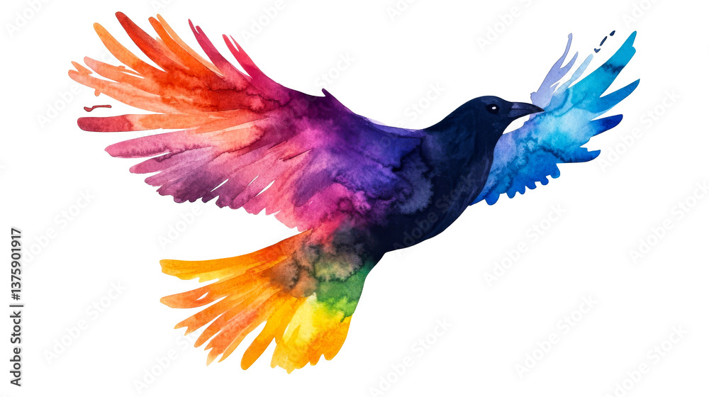 Fototapeta premium Flying Watercolor Bird with Rainbow Wings on Black, cut out transparent