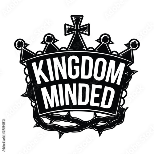 Kingdom Minded Crown Illustration Black and White Graphic with Cross on Top