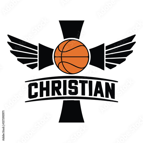 Christian Basketball Cross with Black and White Cross, and Symmetrical Wings