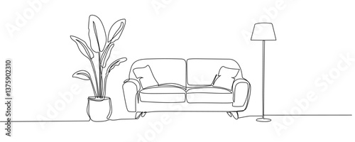Contemporary furniture in Scandinavian style one continuous line drawing. Sofa, floor lamp and potted plant for living room or hotel concept in simple linear style. Doodle vector illustration