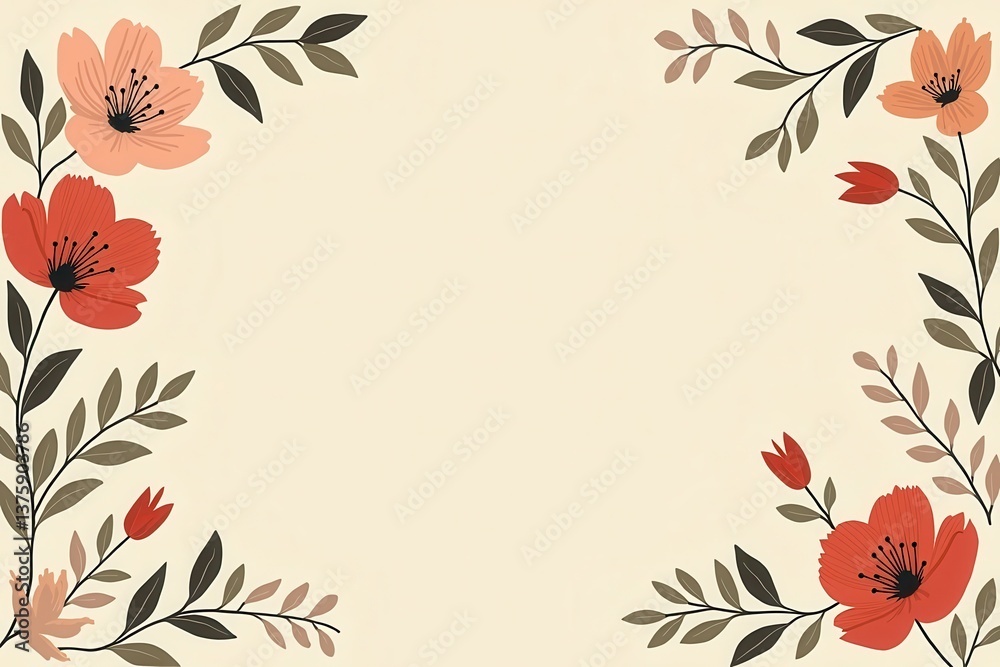 Floral border with red peach flowers for elegant design