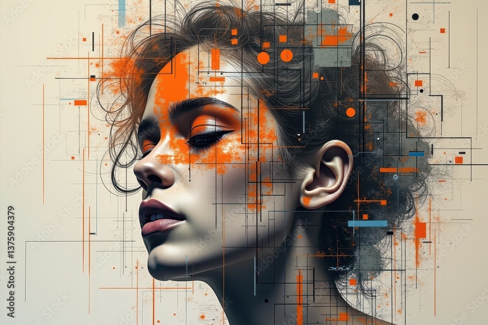 Digital abstract portrait of woman with geometric patterns