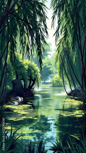 Tranquil Pond with Willows and Ducks