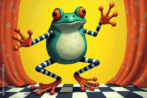 Obraz na płótnie Colorful frog cartoon design with striped legs in playful setting w salonie