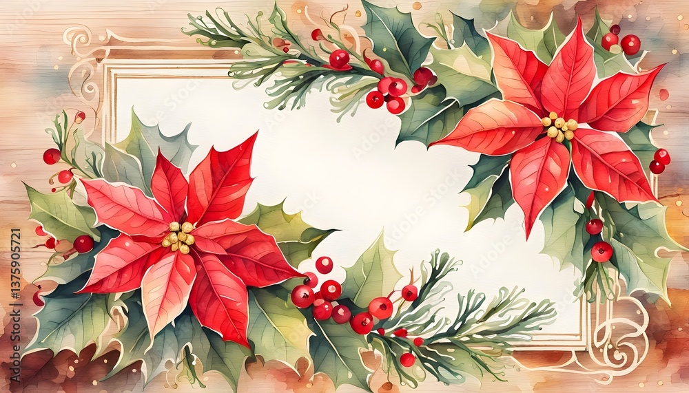 Watercolor Christmas Frame with Poinsettias and Pine Branches, Festive Holiday Floral Border with Red Poinsettias and Greenery, Hand-Painted Christmas Wreath with Holly and Berries Watercolor Christmas Frame with Poinsettias and Pine Branches, Festive Holiday Floral Border with Red Poinsettias and Greenery, Hand-Painted Christmas Wreath with Holly and Berries