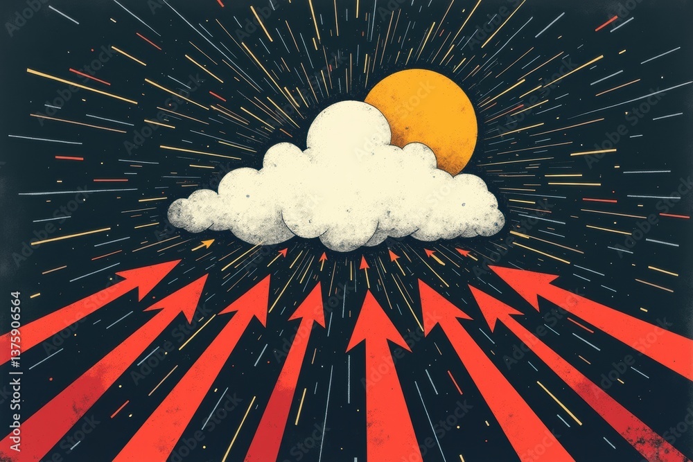Surreal cloud art with sunburst dynamic red arrows