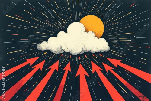 Obraz na płótnie Surreal cloud art with sunburst dynamic red arrows w salonie