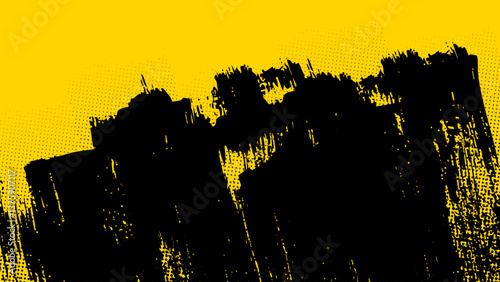 Grunge yellow background with black brush strokes painted diagonally with halftone dots.