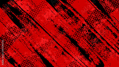 Red grunge background with black brush strokes painted diagonally over halftone dots.