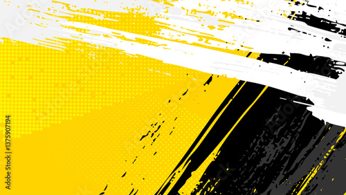 Yellow grunge background with halftone dots with white and black brush strokes painted diagonally.