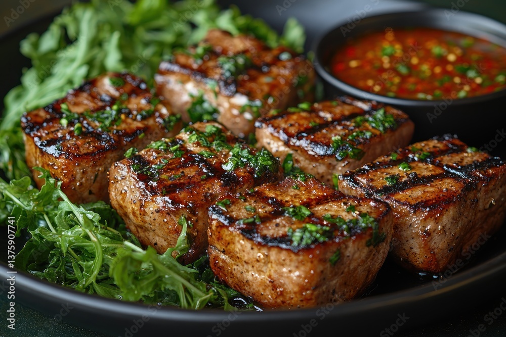 Grilled pork cubes with herbs, arugula, and spicy sauce on dark plate Grilled pork cubes with herbs, arugula, and spicy sauce on dark plate