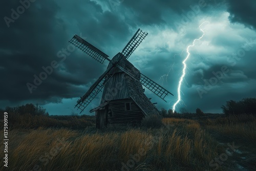 An old wooden windmill during a dramatic thunderstorm with lightning strikes