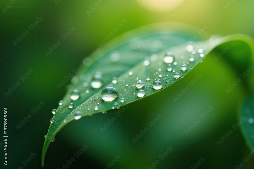 Dewdrops on green leaf in nature
