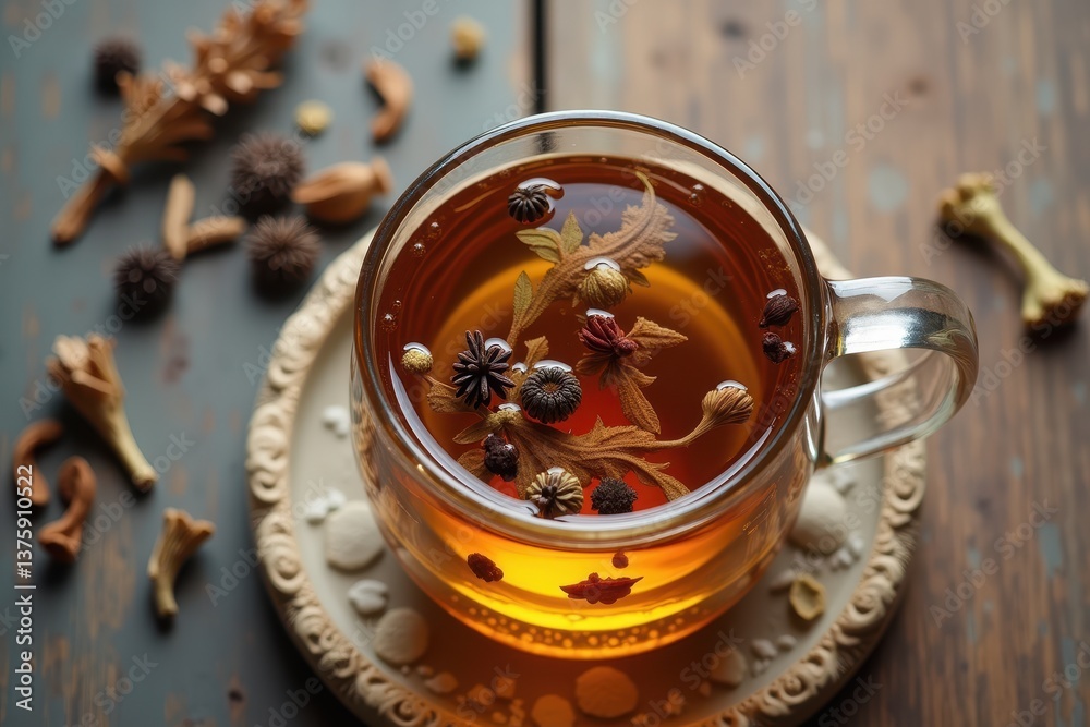 Herbal tea with spices leaves in clear glass cup