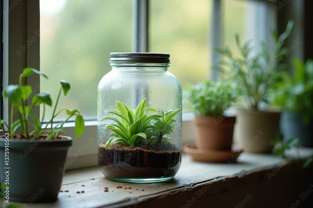 Indoor terrarium plants thriving in sunlight