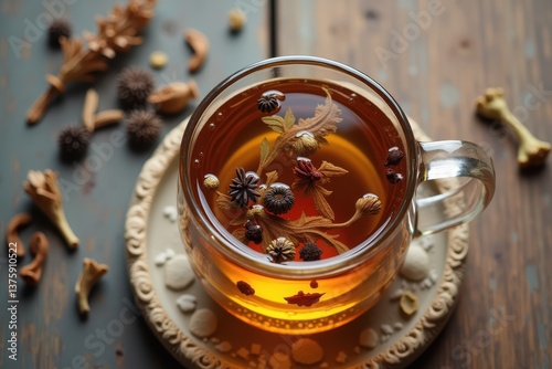 Obraz na płótnie Herbal tea with spices leaves in clear glass cup w salonie