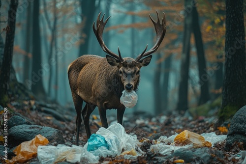 a deer with large antlers standing near rocks and trees, eating plastic bags in the forest