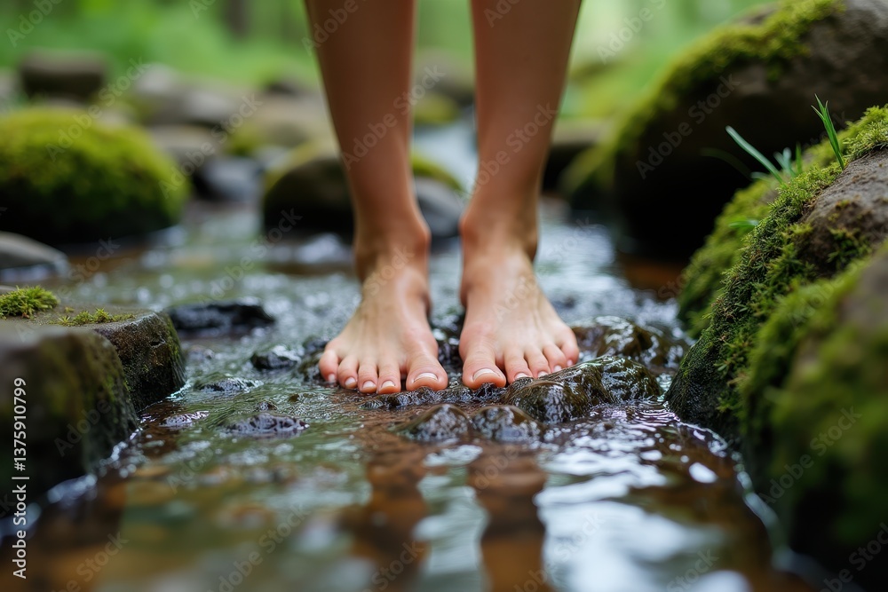 Barefoot tranquility in serene stream
