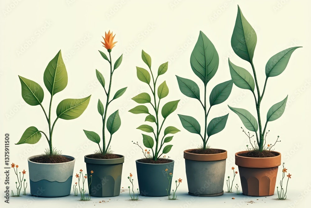 Potted plants in various pots with artistic leaves flowers
