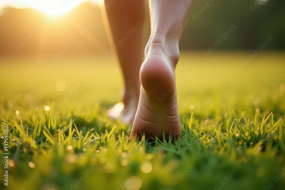 Walking barefoot on grass at sunrise