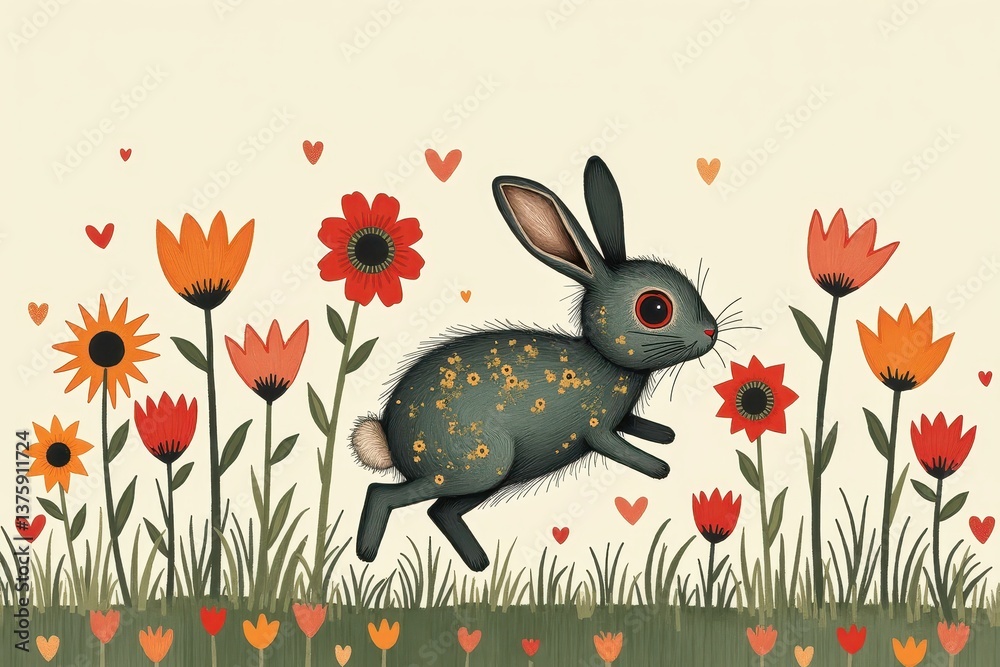 whimsical bunny hopping colorful floral meadow