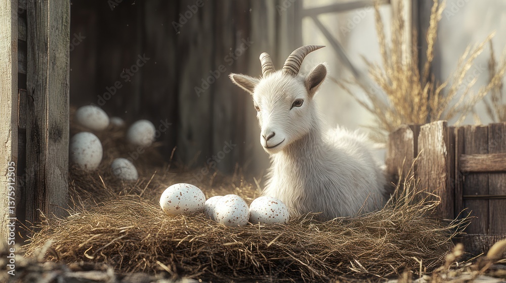 Fototapeta premium Charming Easter depiction: A cute goat nesting with speckled eggs in a rustic shed