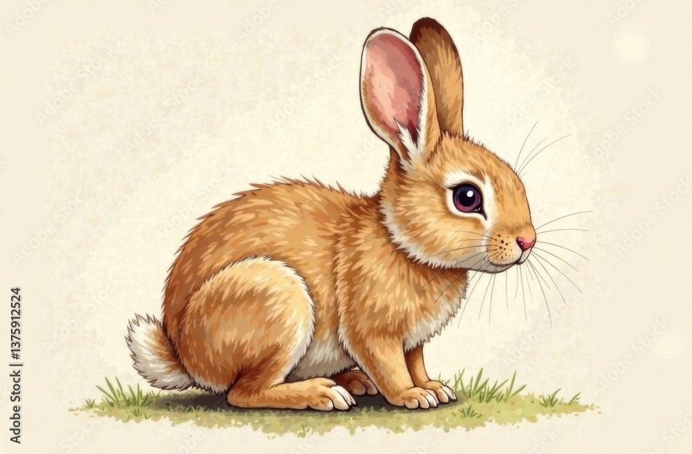 Fototapeta premium Brown rabbit sitting in a grassy field against a light background 