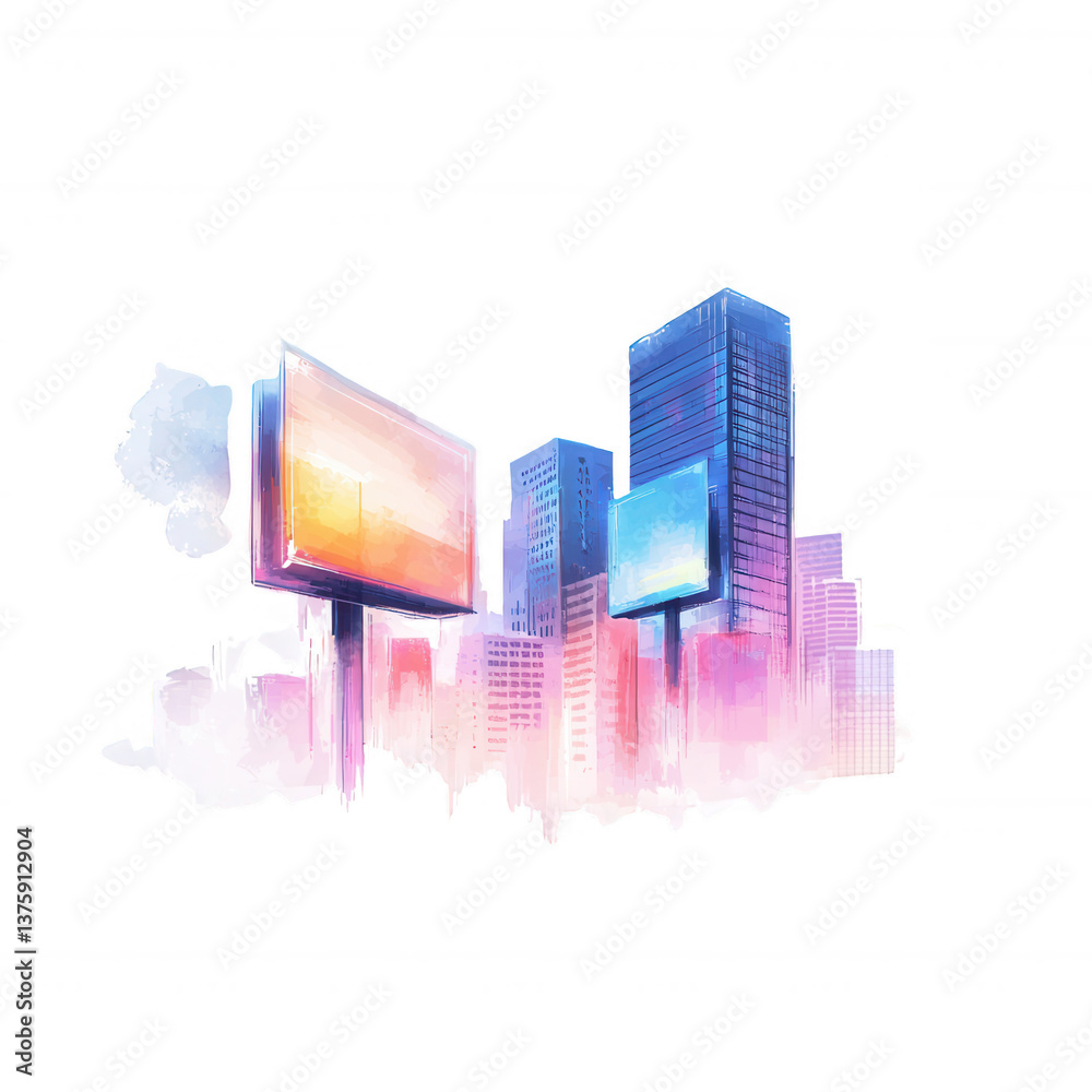 Fototapeta premium A colorful watercolor illustration of city skyscrapers with digital billboards, evoking a modern urban atmosphere against a pastel sky.