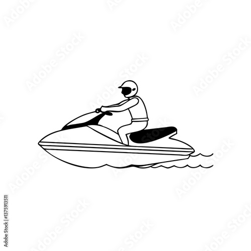 Person riding jet ski in black outline style