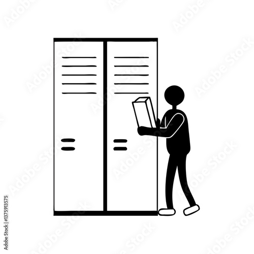 Person opening locker cabinet in outline style