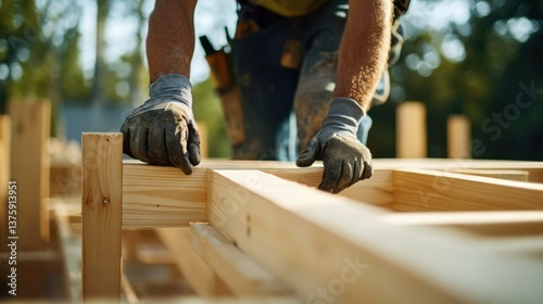 A construction worker assembling wooden frames at a job site. Featuring craftsmanship and precision