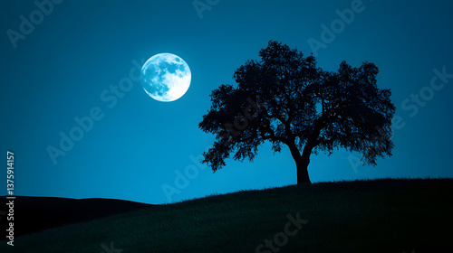 of a tree on a grassy hill, with a bright full moon casting light on the branches, creating a haunting and beautiful effect 
