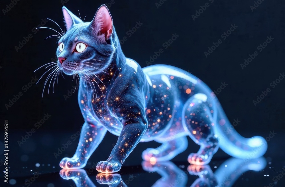Fototapeta Cat with glowing stars posing against a dark background  