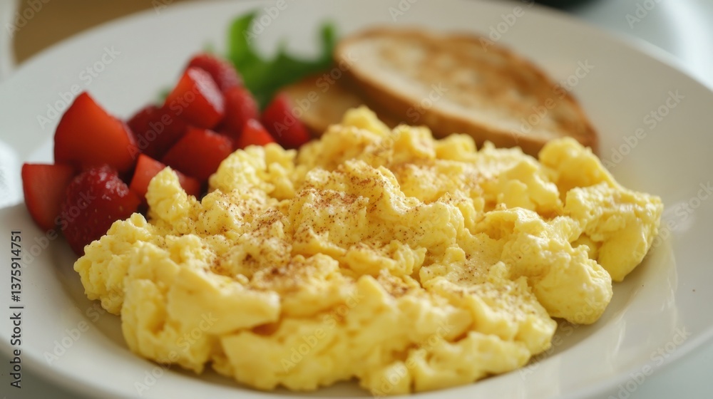 Fluffy scrambled eggs served with fresh strawberries and toasted bread at a morning brunch Fluffy scrambled eggs served with fresh strawberries and toasted bread at a morning brunch
