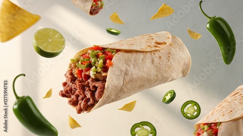 A floating burrito filled with beef, fresh salsa, and cilantro, set against a light minimalist background, ideal for modern food presentations and advertisements. 