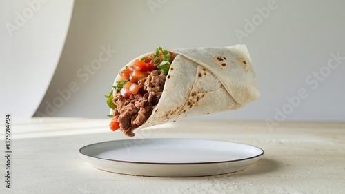 A floating burrito filled with beef, fresh salsa, and cilantro, set against a light minimalist background, ideal for modern food presentations and advertisements. 