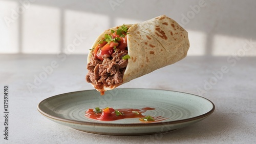 A floating burrito filled with beef, fresh salsa, and cilantro, set against a light minimalist background, ideal for modern food presentations and advertisements. 