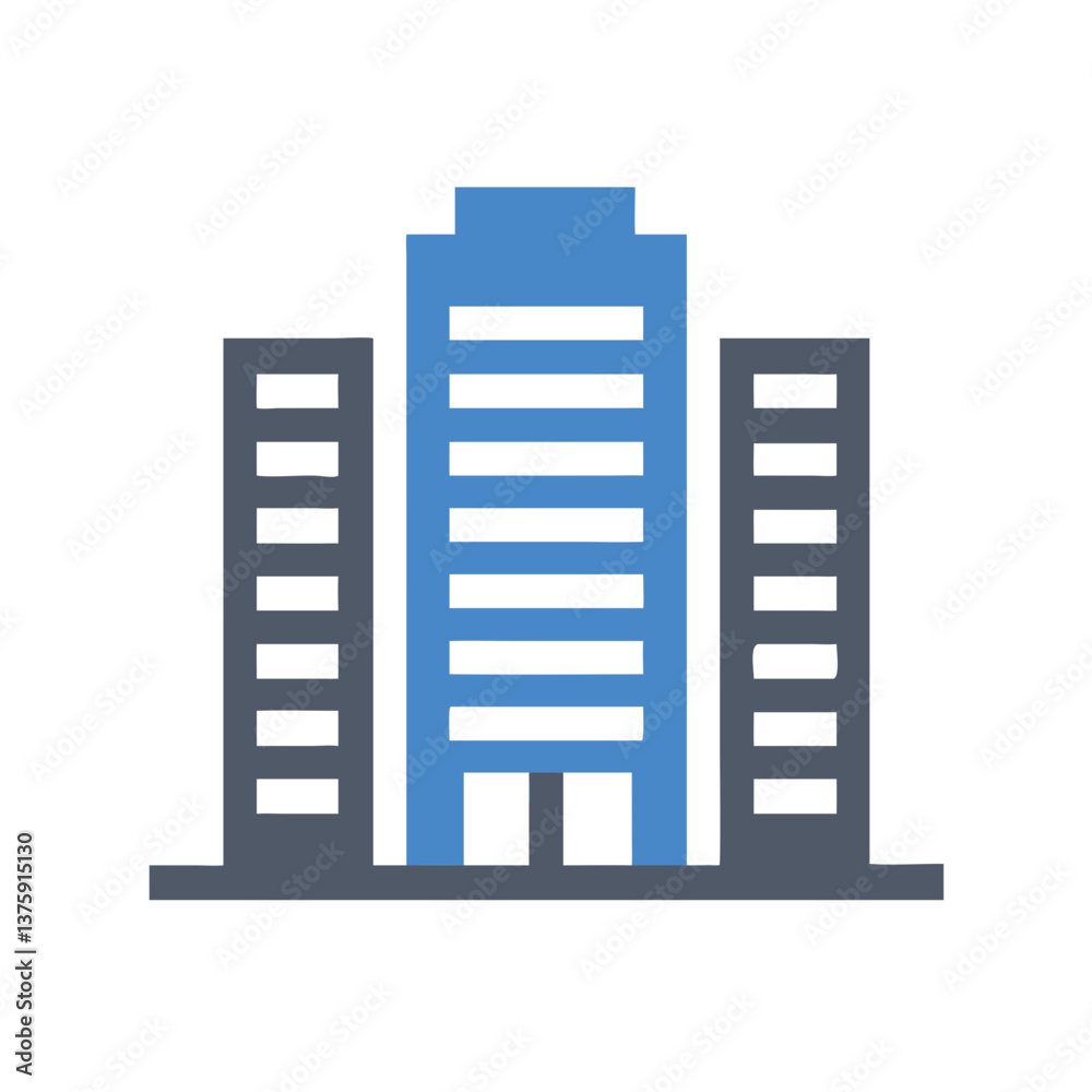 Modern Architectural Icon: Clean, illustrative image of a contemporary skyscraper with flanking buildings, ideal for conveying business, finance, and urban themes. Modern Architectural Icon: Clean, illustrative image of a contemporary skyscraper with flanking buildings, ideal for conveying business, finance, and urban themes.