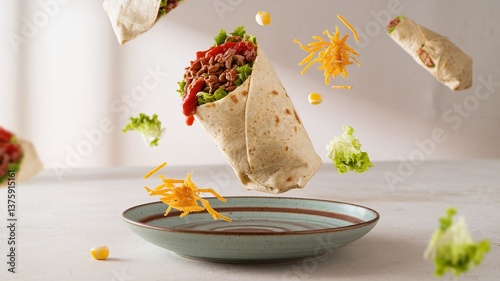 A floating burrito filled with beef, fresh salsa, and cilantro, set against a light minimalist background, ideal for modern food presentations and advertisements. 